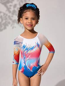 Young Girls' Gymnastics Leotard, Professional Sports Gymnastics Dance Mesh Sleeve High Stretch Breathable Purple Sparkly Pattern Rhinestone Bodysuit - Multicolor - View 1