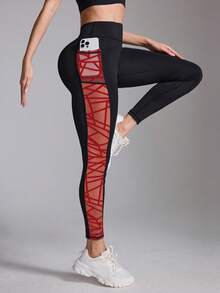 Easithlete Women's High Waist Geometric Print Side Pocket Shapewear Leggings - Black - View 3