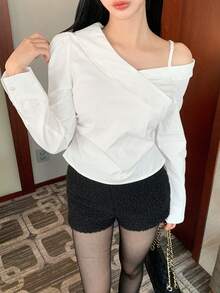 DAZY 女士纯色不对称肩部长袖衬衫，春秋季 - 白色 - 查看 3
