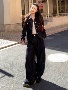 DAZY 女士休闲水洗牛仔衬衫和牛仔裤套装