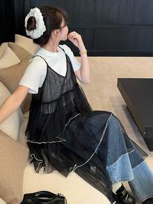 DAZY Women's Lace Layered Cake Slip Midi Dress - Black - View 8