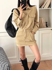 DAZY Women's Collared Half-Zip Waist Decor Short Casual Denim Dress - Khaki - View 6