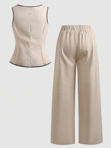 SHEIN Tween Girl Casual Contrast Binding Button Single-Breasted Sleeveless Top And Pants Set, Spring/Summer