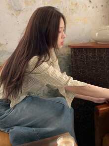 DAZY 复古牛仔裙，A字长裙，开衩设计，显瘦，女士牛仔裙 - 中等水洗藍 - 查看 8