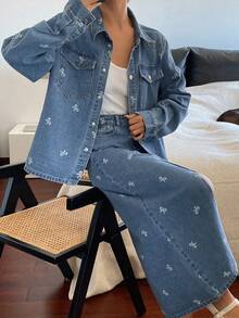 DAZY Women's Bow Print Lapel Loose Shirt And Long Skirt Casual Denim Set - Medium Wash - View 4