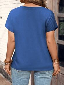 EMERY ROSE Plus Size Basic Casual Polo Collar Button Design Short Sleeve T-Shirt, Navy Blue - Royal Blue - View 2