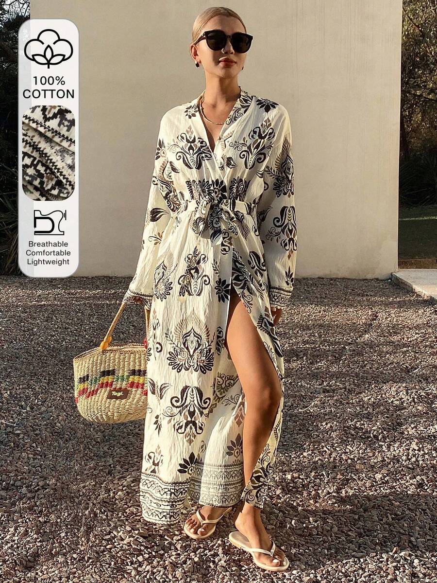 Livesso 女士宽松系带印花度假和服衬衫 - 白色 - 查看 1