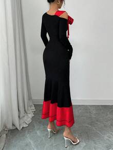 Elenzga 女士撞色蝴蝶结装饰露肩优雅收腰长袖鱼尾连衣裙，适合派对和活动 - 紅色 - 查看 2