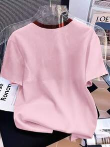 SHEIN 大码女式心形珍珠装饰印花圆领T恤 - 彩色 - 查看 2
