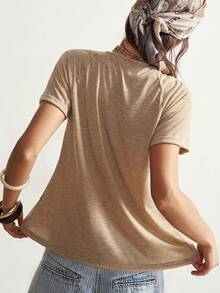 Bohemela 女士夏季休闲舒适度假复古波西米亚音乐节燕麦色针织串珠褶皱小众设计宽松圆领T恤，Fasching服装 - 杏色 - 查看 3