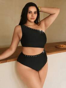 Swim Chiccia بيكيني قطعة واحدة بتصميم عصري بلون أحادي مزين بالدبابيس مقاس كبير - الأسود - مشاهدة 5