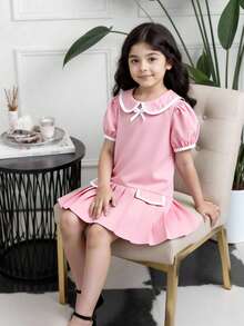 Elladie kids Young Girls Dress, Collegiate Style, Versatile, Petite Collar Design In Pink & White, Classic & Elegant, Ribbon & Bow Decor For Cute & Playful Look, Pleated Hem, Suitable For School, Events, And Everyday Wear - Pink - View 3