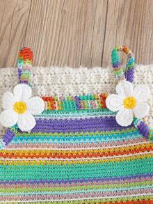 SHEIN Vintaside Kids 2pcs/Set Baby Girls Sleeveless Crop Top & Elastic Waist Shorts Set, Rainbow Striped Embroidered Floral, Casual Outfit For Daily, Beach, Summer - Multicolor - View 6