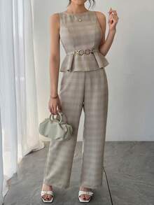 DAZY Women's Casual Commuter Striped Ruffle Hem Top And Pants Set, Summer - Apricot - View 5