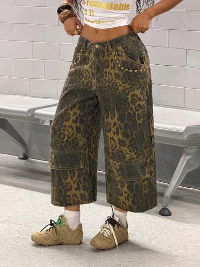 StreetHx Jeans de pierna ancha de talle bajo con estampado de leopardo y remaches, estilo casual y de moda