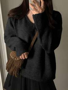DAZY Suéter de mujer de unicolor con cuello en V, casual y versátil de manga larga, adecuado para salidas de otoño/invierno - Negro - Ver 4