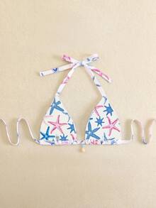 Swim Mod 大码女式海星印花挂脖比基尼套装，贝壳装饰，夏季泳装 - 彩色 - 查看 2