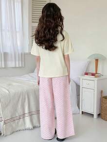 DAZY 2件套少女圆领印花短袖T恤和裤子家居服套装，秋季款 - 彩色 - 查看 2