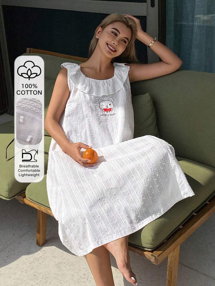 Lace Trim Sleeveless Cute Bear & English Letter Print Long Dress, Women Nightgown