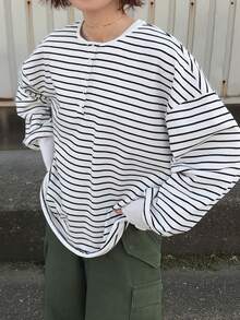 FRIFUL Women's Striped 100% Cotton Round Neck Dropped Shoulder Long Sleeve Ribbed Cuff & Hem Button-Up Loose Casual Versatile T-Shirt