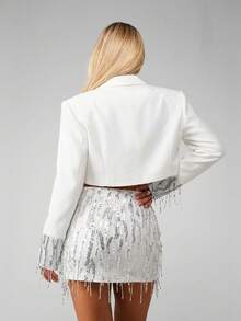 MISSGUIDED Cropped Sequin Cuff Blazer Double Breasted Formal Jacket Party Evening Office Professional Business Party Outerwear - White - View 2
