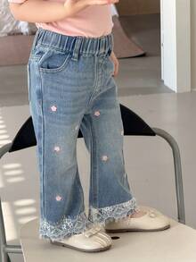 DAZY Baju Bayi Perempuan Model Denim Baru dengan Hiasan Renda dan Bordir, Gaya Korea, Motif Patchwork, dan Potongan Mengembang - Medium Wash - View 4
