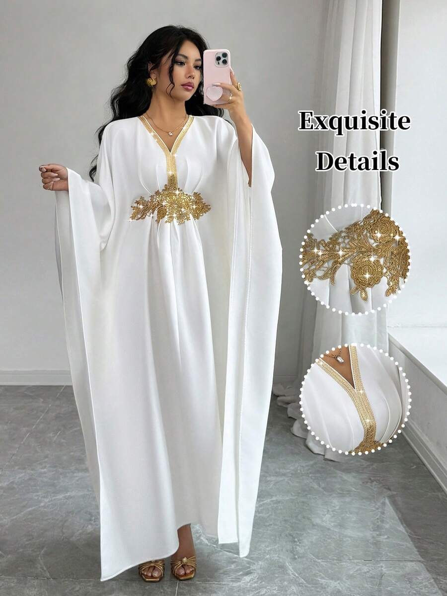 SHEIN Elenzya 金色滚边装饰优雅收腰修身中长连衣裙 - 白色 - 查看 1