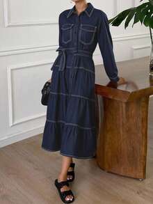 DAZY Spring Women's Elegant Washed Pocket Belt A-Line Denim Dress - Blue - View 6