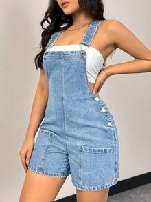Rivivi Women's Summer Casual Everyday Commute Patchwork Pocket Denim Romper - Light Wash - View 1