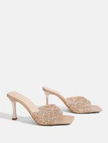 CUCCOO TILAWA 香槟色水钻装饰方头透明绑带套脚高跟凉鞋，时尚、迷人、性感，女士派对高跟鞋 - 香檳色 - 查看 4
