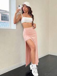 SHEIN EZwear 女款純色百褶開衩裙，休閒百褶開衩大腿長度修身自然西瓜粉色裙，春秋季，休閒日常穿著 - 西瓜粉 - 查看 5