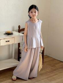 DAZY Tween Girls Round Neck Sleeveless Shirt And Wide Leg Pants Set, Fall Outfit - Purple - View 3