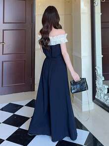 DAZY Bộ jumpsuit nữ thanh lịch với thiết kế phối màu, viền xếp ly, kiểu trễ vai, ống rộng, thích hợp cho kỳ nghỉ, mùa xuân/hè. - màu đen - Xem 2