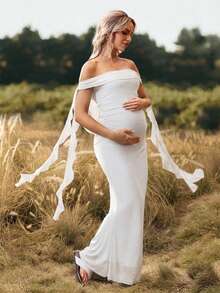 Cheriluna Maternity 纯色露肩露背长款孕妇连衣裙，适合迎婴派对、圣诞派对、优雅聚会等场合。 - 白色 - 查看 4
