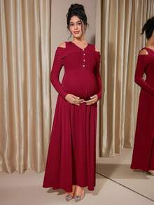 Momance Maternity Raglan Sleeve Button Front Rib-Knit A-Line Midi Dress, Spring/Autumn - Burgundy - View 5