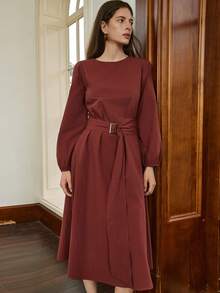 Dazy-Less 女士优雅前系带灯笼袖长连衣裙，秋季商务休闲女式吊带裙 - 棕色 - 查看 7