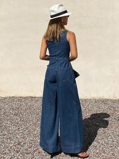DAZY Macacão Denim Casual Feminino de Perna Reta Solta com Alças Ajustáveis, Sem Mangas, para Férias