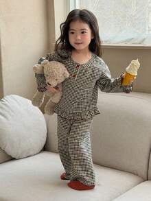 DAZY 2 pièces Ensemble de chemise et pantalon d'intérieur pour bébé fille, style coréen, col rond, carreaux, confortable - Noir et Blanc - Voir 7