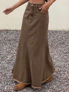 DAZY Chân váy ngắn denim đuôi cá màu trơn, kiểu dáng thường ngày, viền tua rua, dành cho nữ, thích hợp cho mùa xuân/hè. - màu nâu - Xem 3