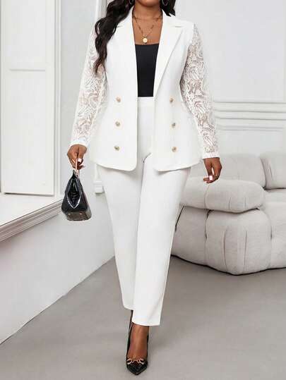 SHEIN Lady Plus Size Women Notched Collar Double-Breasted Lace Patchwork Jacket And Pants Casual Suit For Work Blazer Set For Women White Pants Suit Women Business Casual Woman Two Piece Outfits Office Outfits For Women Set 2 Piece Sets Woman Classy