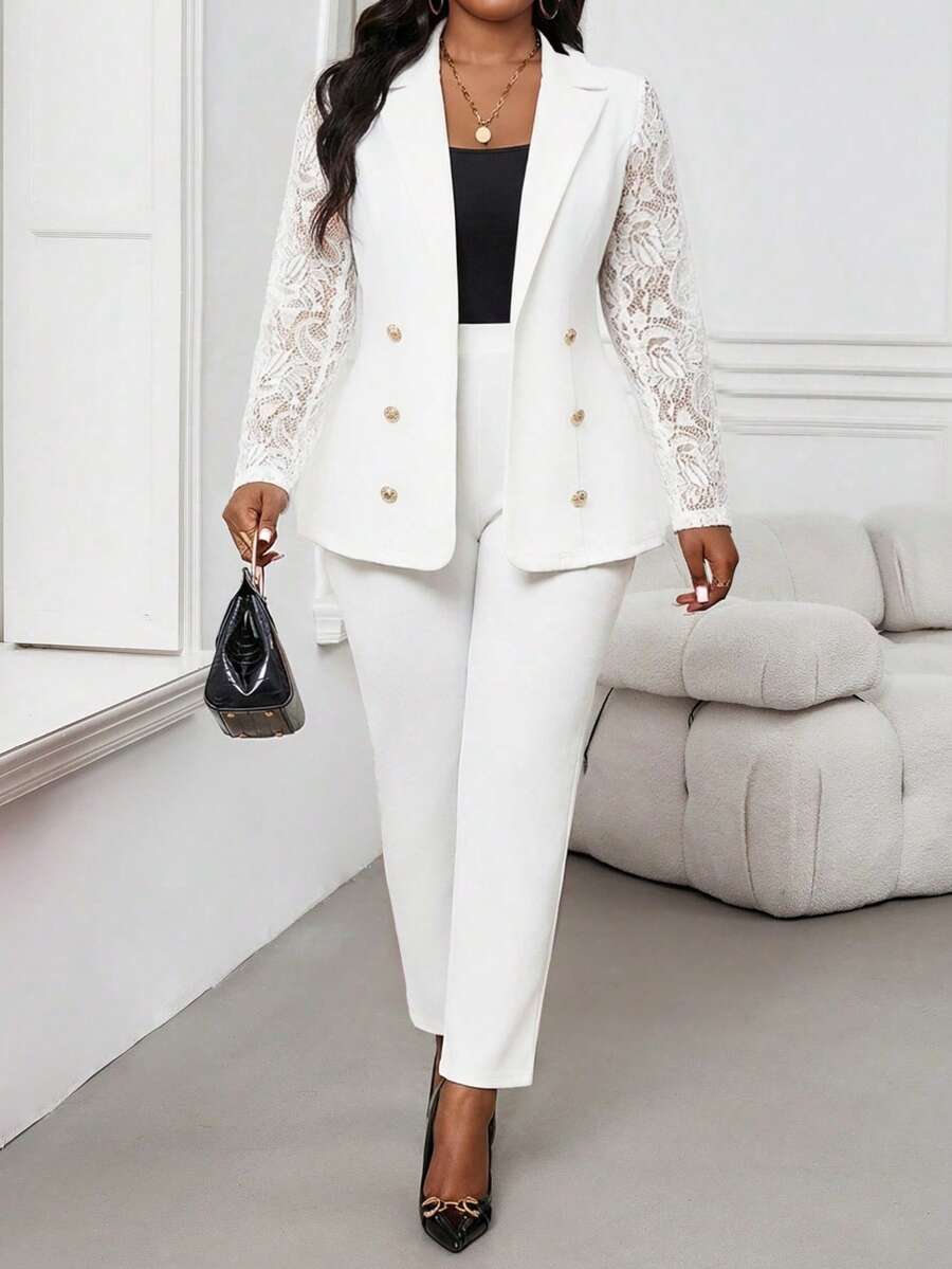 SHEIN Lady Bộ vest nữ cỡ lớn, cổ chữ V, hai hàng cúc, phối ren, gồm áo khoác và quần, thích hợp mặc đi làm. - trắng - Xem 1