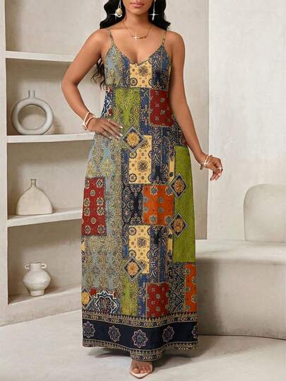 SHEIN Lady Vestido casual de tirantes con estampado floral y bloques de color para mujer de talla grande