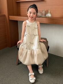 Dazy Kids 韩版少女圆领缎面蝴蝶结正式派对生日礼服 - 杏色 - 查看 1