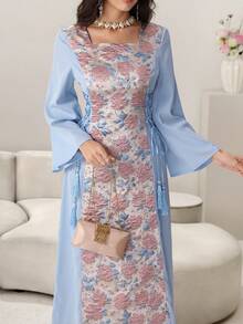 Yasmyna Đầm dài tay xẻ tà, cổ vuông, thắt eo, chất liệu jacquard, phối nhiều mảnh vải, kiểu Ả Rập dành cho nữ. - Màu xanh lam - Xem 7