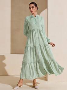 Graceveil Stand Collar Button Floral Fabric Long Sleeve Flared Women's Arabic Dress - Green - View 7