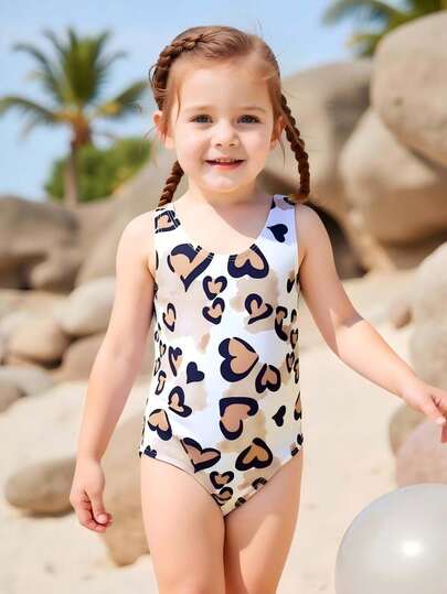 Young Girls One-Piece Swimsuit, New Leopard Print Heart Pattern, Multicolor, Sports, Lively, Cute, Energetic, Suitable For Swimming, Vacation, Summer, Beach, Pool, Photography, Gift, Water Park, Spa