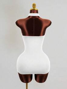 Mistrie Women's Sexy Bodycon Halter Neck Dress With Side Slit And Button Detail - White - View 2