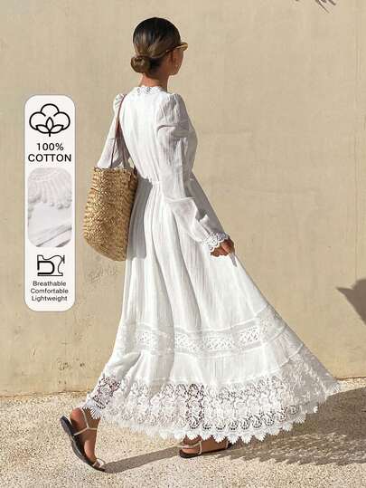 DAZY Lace V-Neck Midi Vacation Dress For Women Wedding Guest Dress