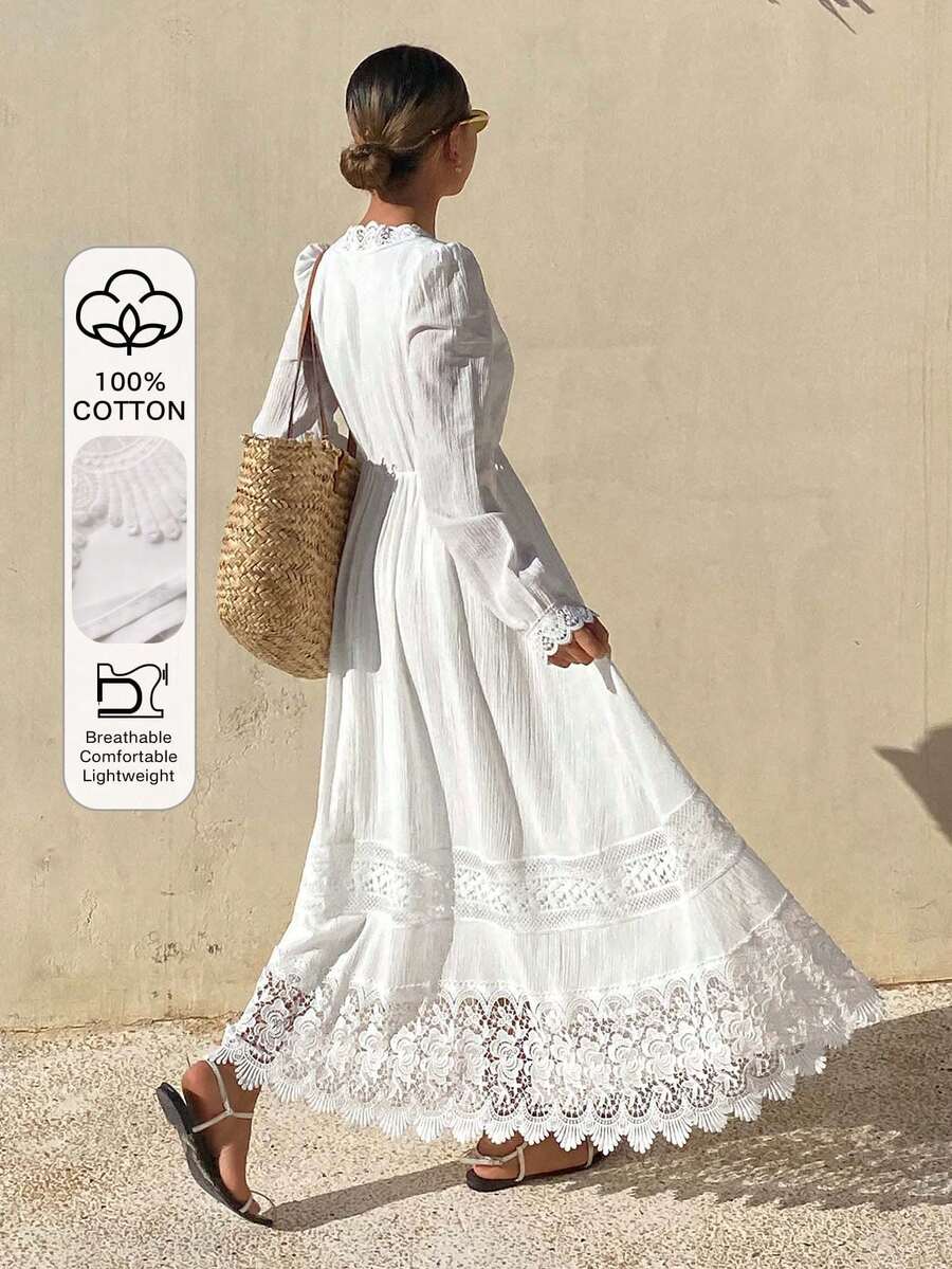 DAZY Lace V-Neck Midi Vacation Dress For Women Wedding Guest Dress - Beige - View 1