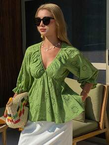 DAZY Women's V-Neck Ruffle Trim Casual Vacation Blouse With Cinched Waist, Spring/Summer - Green - View 1